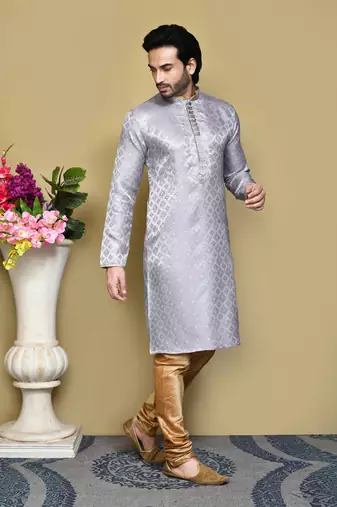 Grey woven art silk kurta pajama