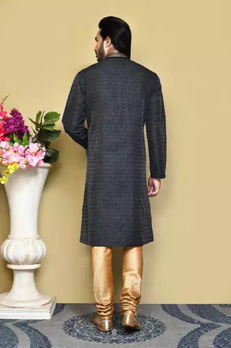 Black woven art silk kurta pajama
