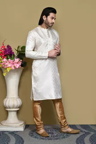 Cream woven art silk kurta pajama