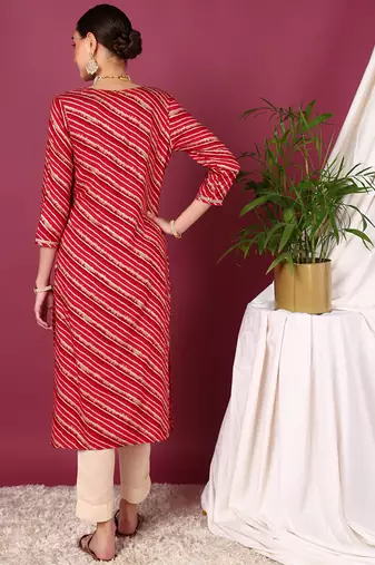 women red viscose rayon leheriya embroidered straight kurta