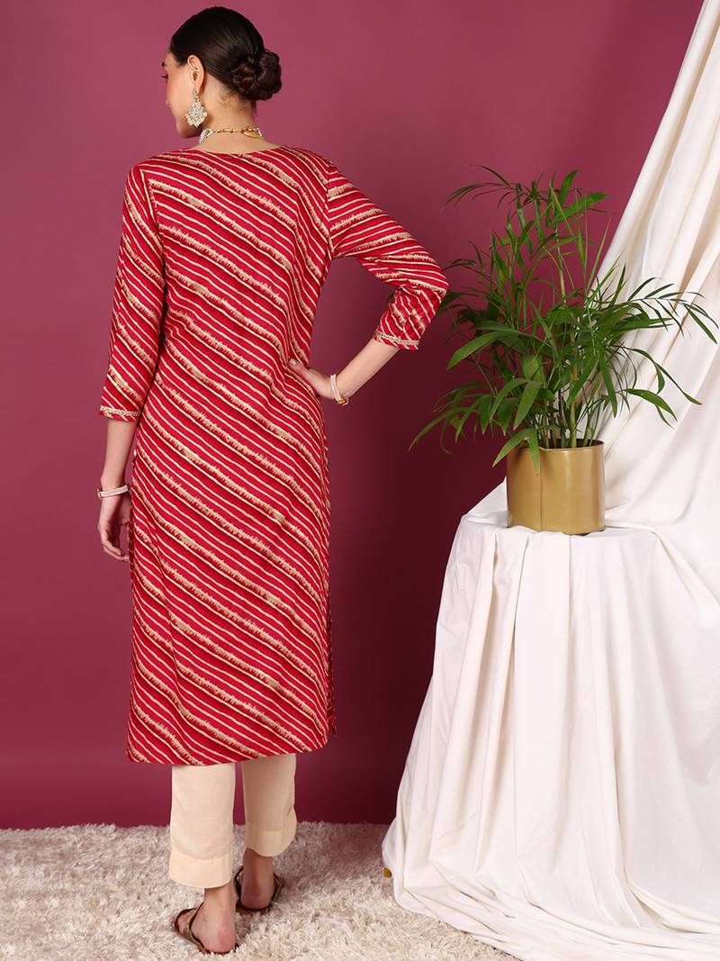 women red viscose rayon leheriya embroidered straight kurta