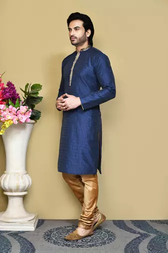 Royal blue woven art silk kurta pajama
