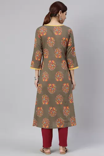 women taupe cotton floral printed a-line kurta