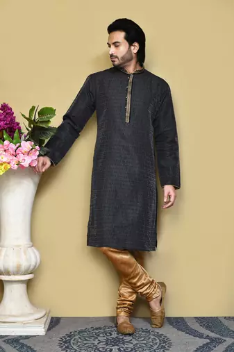 Black woven art silk kurta pajama