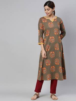 women taupe cotton floral printed a-line kurta 5