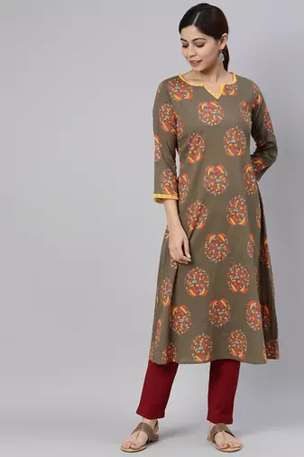 women taupe cotton floral printed a-line kurta