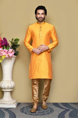 Yellow woven art silk kurta pajama 1
