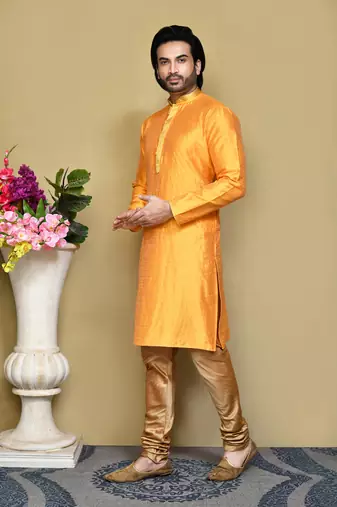 Yellow woven art silk kurta pajama