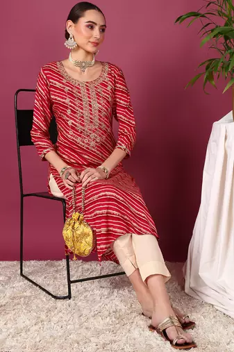 women red viscose rayon leheriya embroidered straight kurta