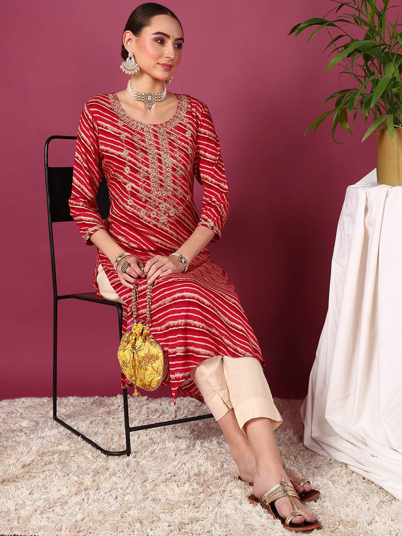 women red viscose rayon leheriya embroidered straight kurta