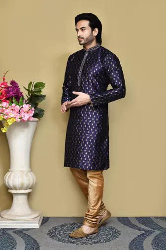 Royal blue woven art silk kurta pajama
