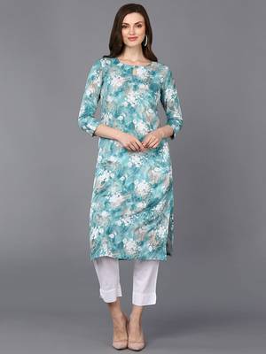 Light Turquoise Viscose Rayon Floral Printed Kurti 1