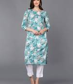 Light Turquoise Viscose Rayon Floral Printed Kurti