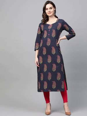 women navy blue cotton floral printed straight kurta 1