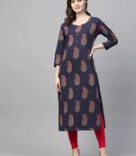 women navy blue cotton floral printed straight kurta