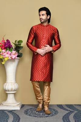Red woven art silk kurta pajama 1