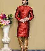 Red woven art silk kurta pajama