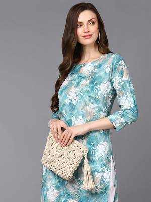 Light Turquoise Viscose Rayon Floral Printed Kurti 2