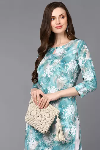 Light Turquoise Viscose Rayon Floral Printed Kurti