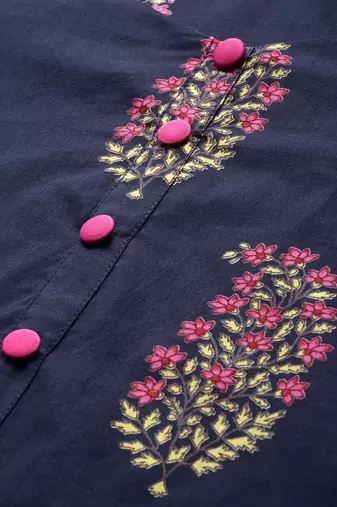 women navy blue cotton floral printed straight kurta