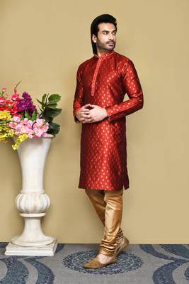 Red woven art silk kurta pajama 2