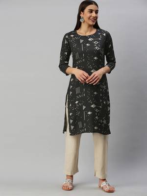 women black cotton geometric printed straight kurta 1