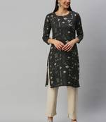 women black cotton geometric printed straight kurta