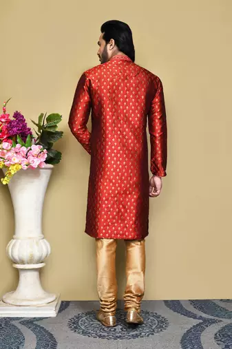 Red woven art silk kurta pajama