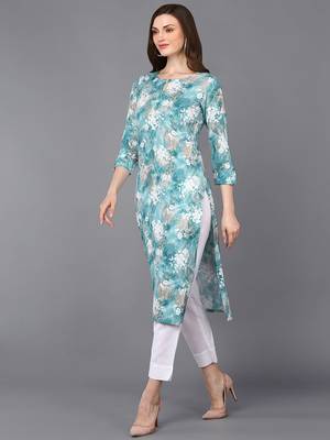 Light Turquoise Viscose Rayon Floral Printed Kurti 3
