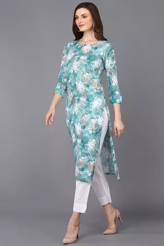 Light Turquoise Viscose Rayon Floral Printed Kurti