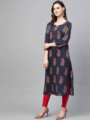 women navy blue cotton floral printed straight kurta 3