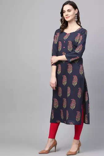 women navy blue cotton floral printed straight kurta