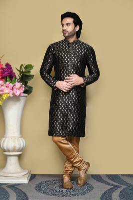 Black woven art silk kurta pajama 1