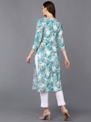 Light Turquoise Viscose Rayon Floral Printed Kurti 4