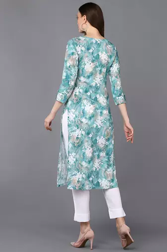 Light Turquoise Viscose Rayon Floral Printed Kurti