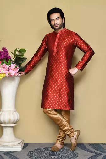 Red woven art silk kurta pajama