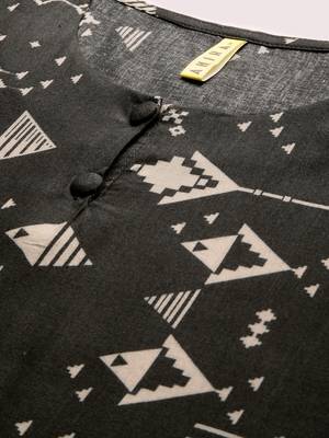 women black cotton geometric printed straight kurta 2