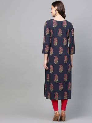women navy blue cotton floral printed straight kurta 4