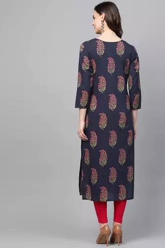women navy blue cotton floral printed straight kurta
