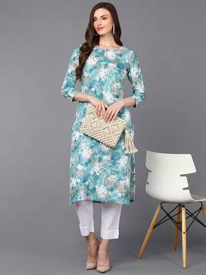 Light Turquoise Viscose Rayon Floral Printed Kurti 5