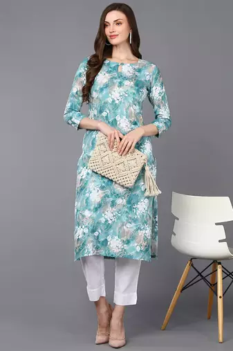 Light Turquoise Viscose Rayon Floral Printed Kurti