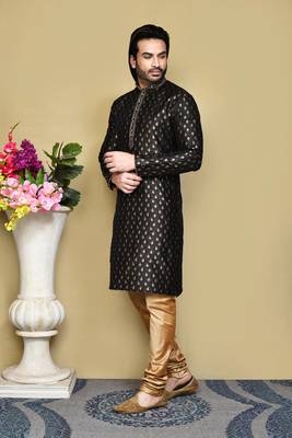 Black woven art silk kurta pajama 2