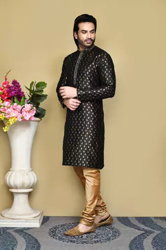 Black woven art silk kurta pajama