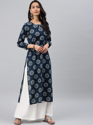 Navy Blue Cotton Printed Kurta 1