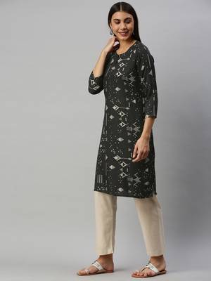 women black cotton geometric printed straight kurta 3