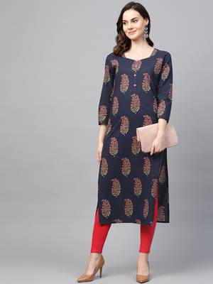 women navy blue cotton floral printed straight kurta 5