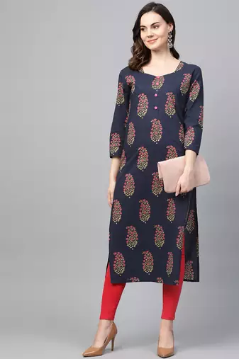 women navy blue cotton floral printed straight kurta