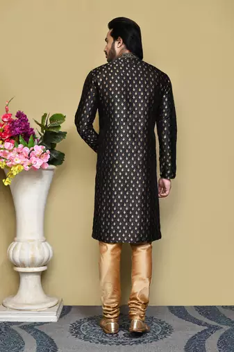 Black woven art silk kurta pajama