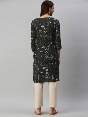 women black cotton geometric printed straight kurta 4