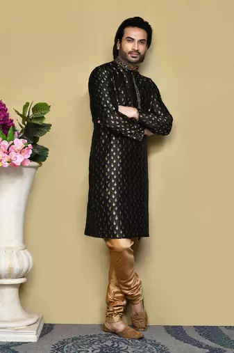 Black woven art silk kurta pajama